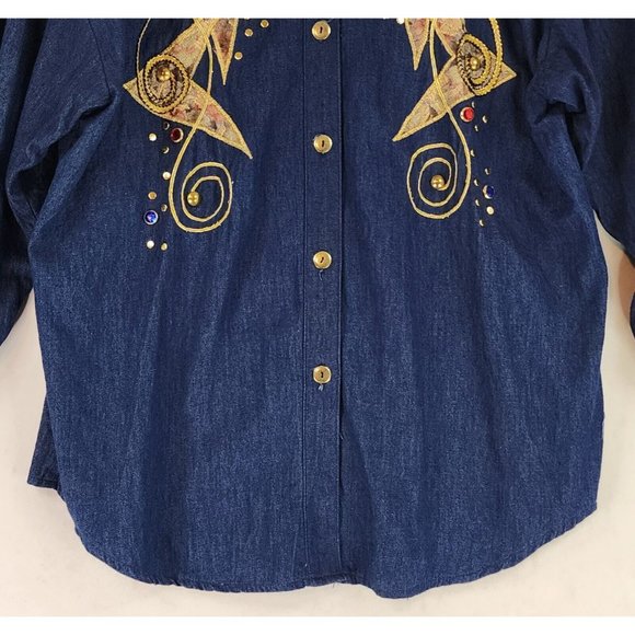Info USA Jean Shirt Womens Large Blue Denim 90s Bejeweled Embroidered Button Up - Picture 7 of 10